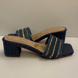 Women's Denim Slide Sandals, Block Heel, Gold Accents - Size 6.5/7 (EU 37)